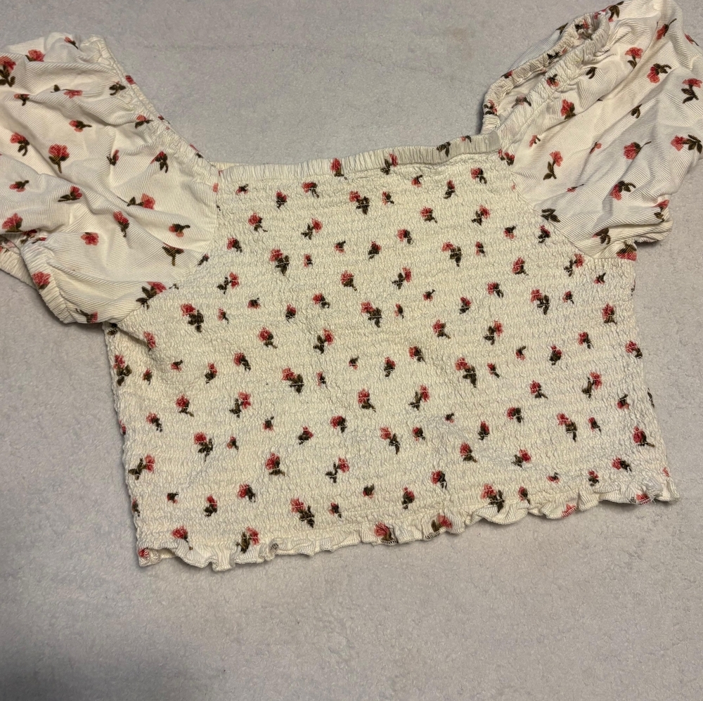 American Eagle Cream and Red Floral Crop Top